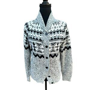 Evan-Picone Black White Nordic Fair Isle Shawl Colar Cardigan Sweater M Academic